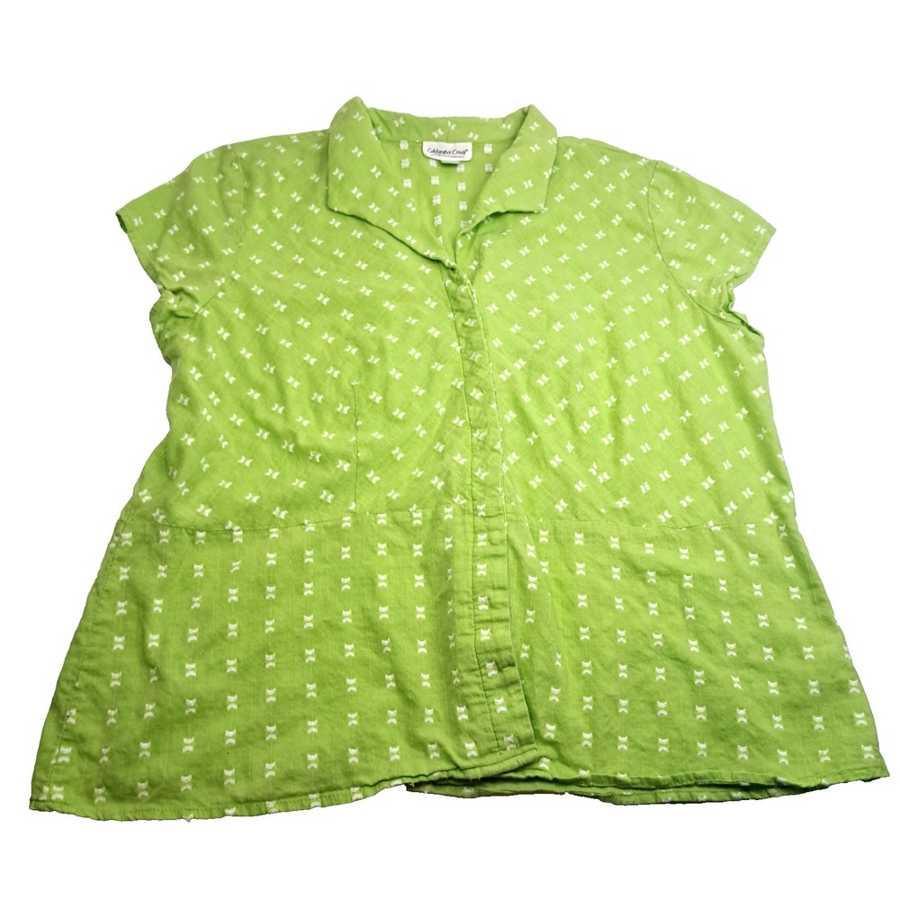 Coldwater Creek Blouse Women's XL Cap Sleeve Spring Green w/White All Over Print